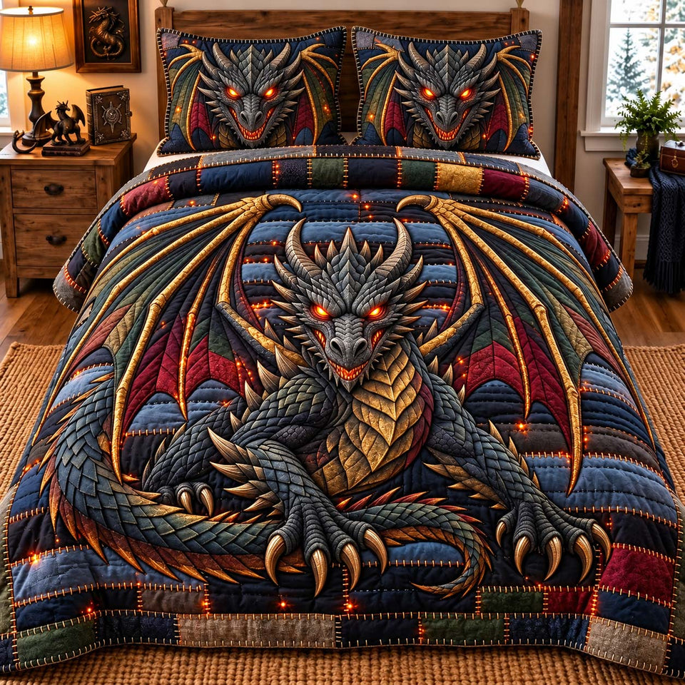 Dark Scale Dragon quilted bedding set, quilt and two pillow shams on a made bed