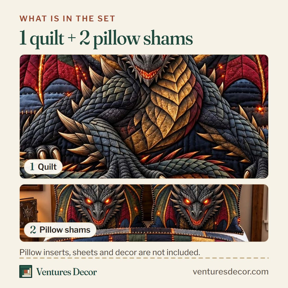 What is in the set: one quilt and two pillow shams, shown in the Dark Scale Dragon Quilt Set, 3-Piece Quilted Bedding with 2 Pillow Shams design