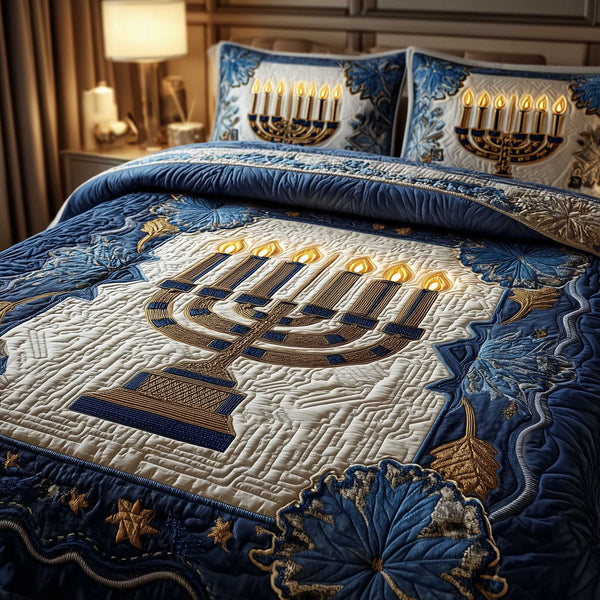 David Emblem Candelabra on White Panel quilted bedding set, quilt and two pillow shams on a made bed