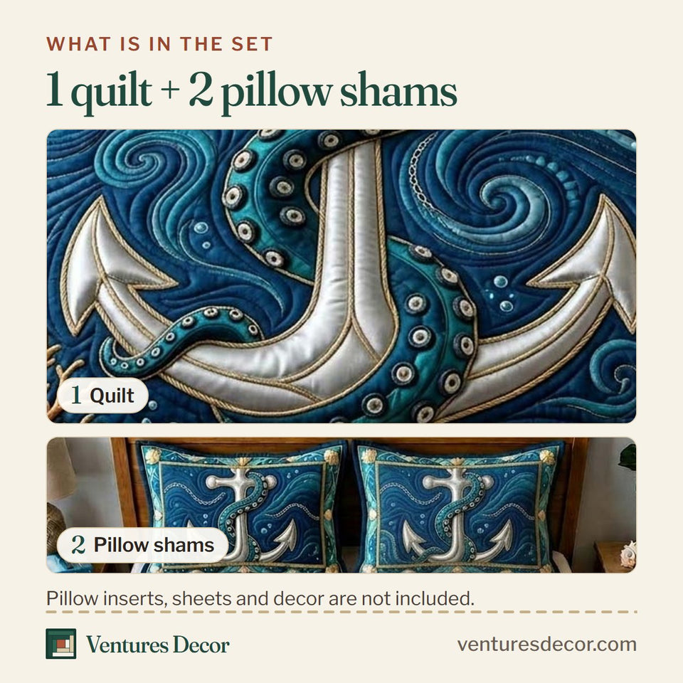 What is in the set: one quilt and two pillow shams, shown in the Deep Sea Anchor design