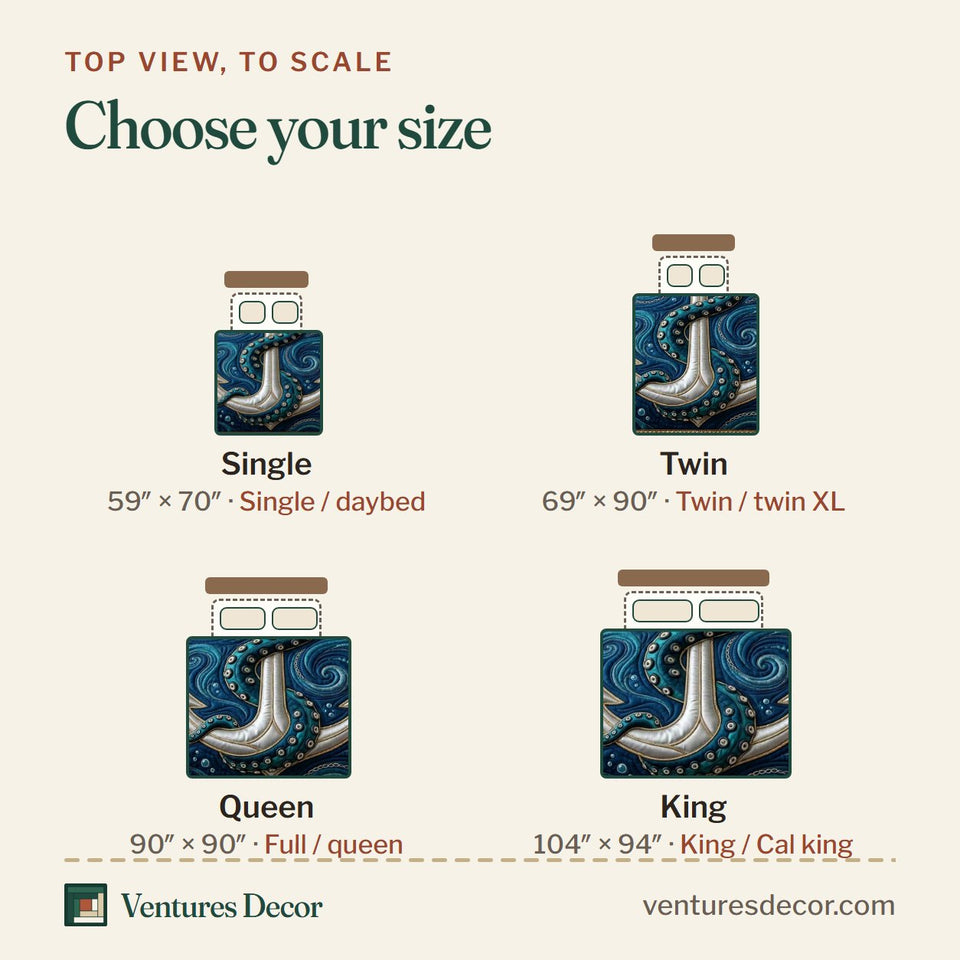 Size guide for the Deep Sea Anchor quilt, top view to scale: Single 59 x 70 in, Twin 69 x 90 in, Queen 90 x 90 in, King 104 x 94 in