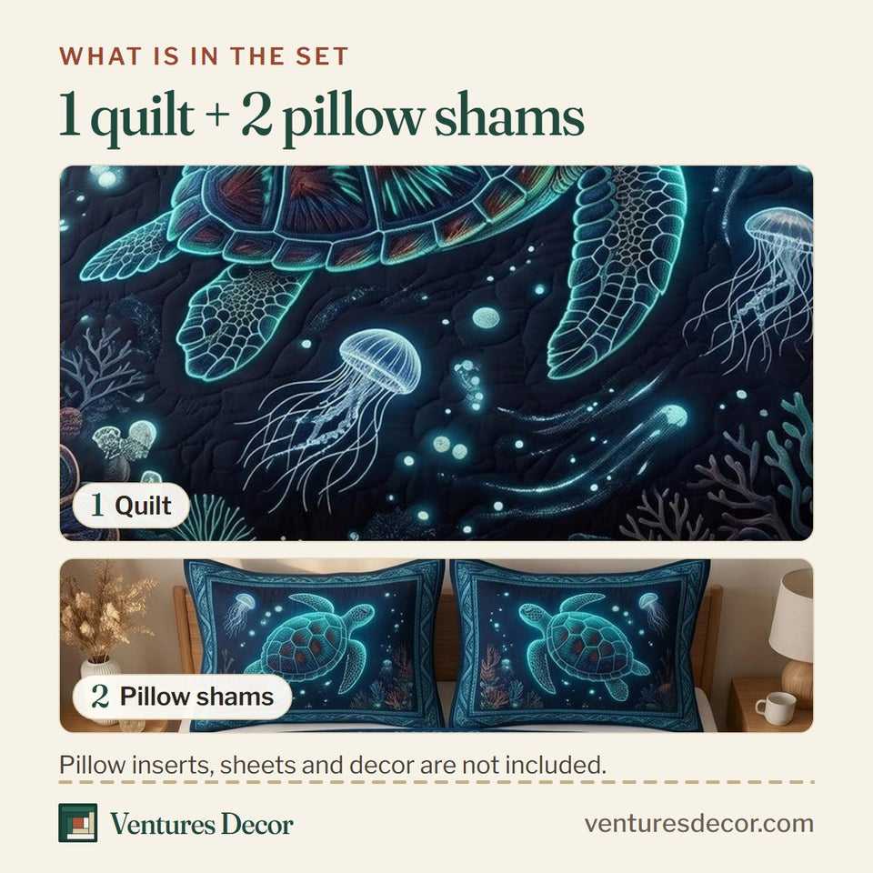 What is in the set: one quilt and two pillow shams, shown in the Deep Sea Turtle Jellies design