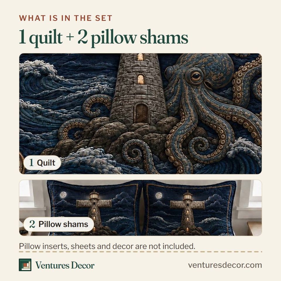 What is in the set: one quilt and two pillow shams, shown in the Deep Waters Beacon design