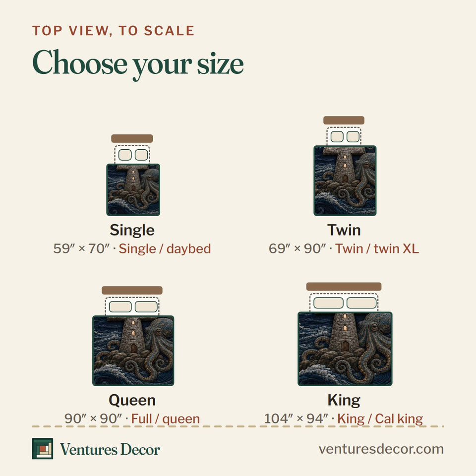 Size guide for the Deep Waters Beacon quilt, top view to scale: Single 59 x 70 in, Twin 69 x 90 in, Queen 90 x 90 in, King 104 x 94 in