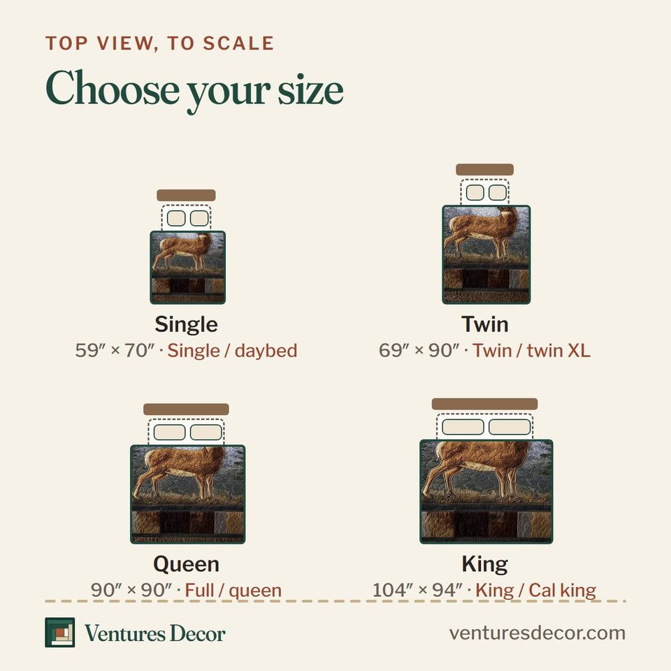 Size guide for the Deer Buck Before the Mountains quilt, top view to scale: Single 59 x 70 in, Twin 69 x 90 in, Queen 90 x 90 in, King 104 x 94 in