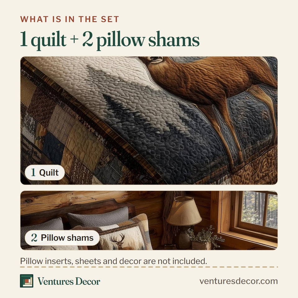 What is in the set: one quilt and two pillow shams, shown in the Deer Buck in Snowy Woods Tan Patchwork design