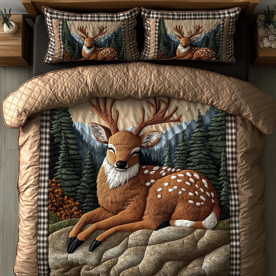 Deer Serenity Resting Fawn On Mossy Rock quilted bedding set, quilt and two pillow shams on a made bed