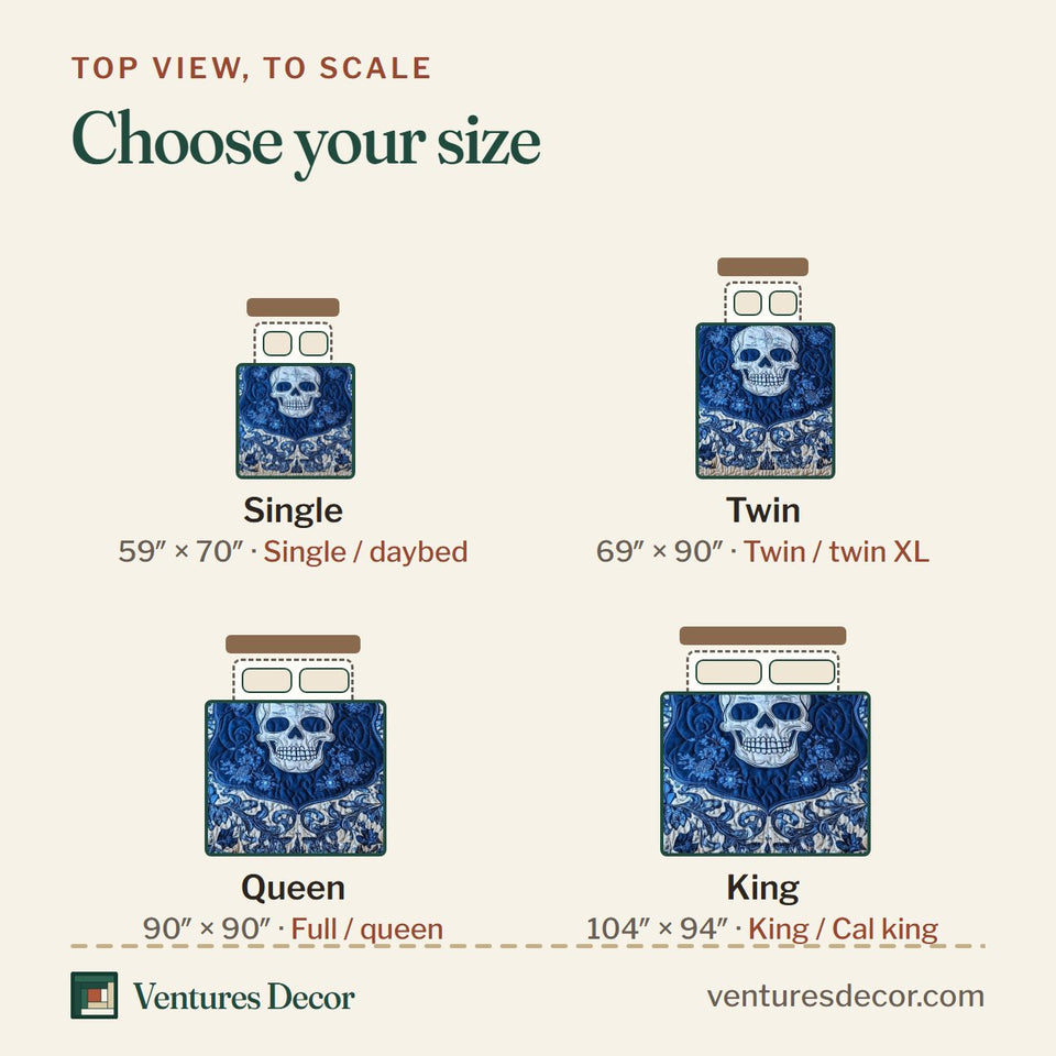 Size guide for the Delft Blue Skull Damask quilt, top view to scale: Single 59 x 70 in, Twin 69 x 90 in, Queen 90 x 90 in, King 104 x 94 in