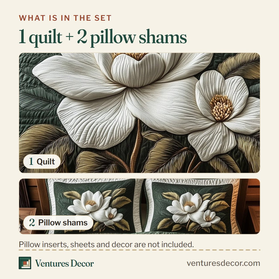 What is in the set: one quilt and two pillow shams, shown in the Delicate Magnolia Whisper design