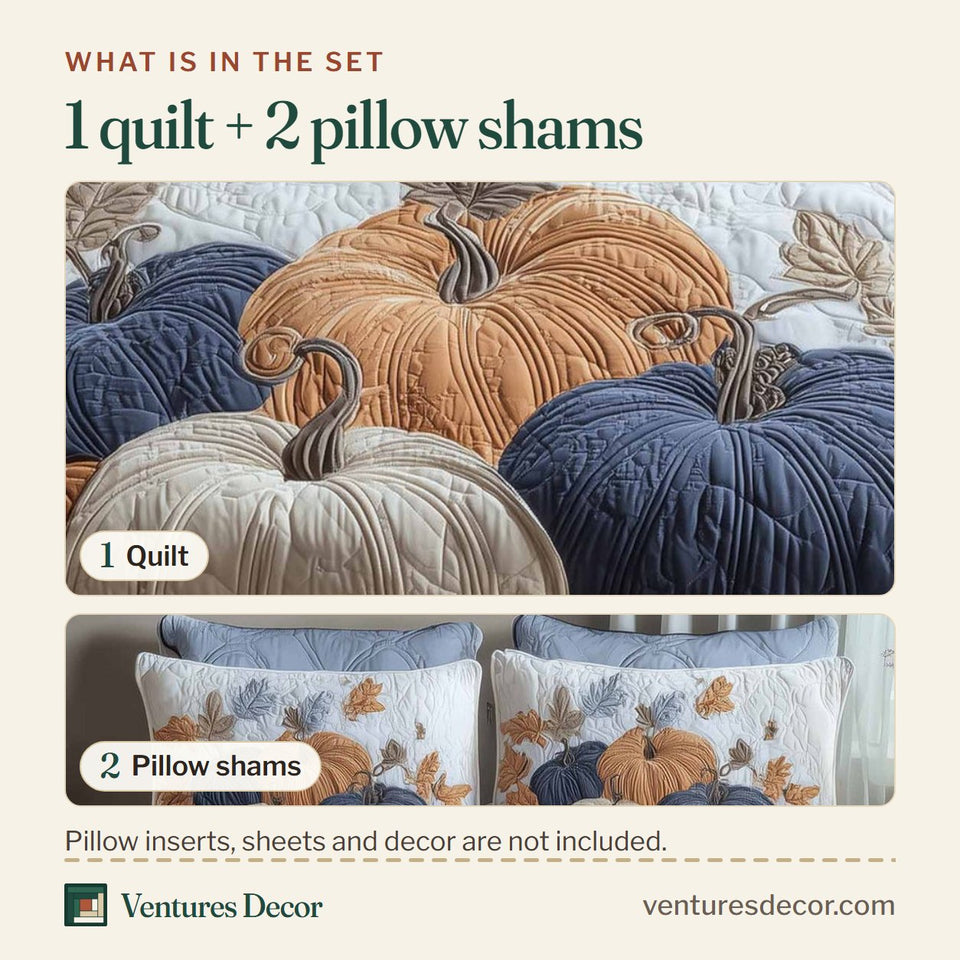 What is in the set: one quilt and two pillow shams, shown in the Denim Cream Pumpkin Still design