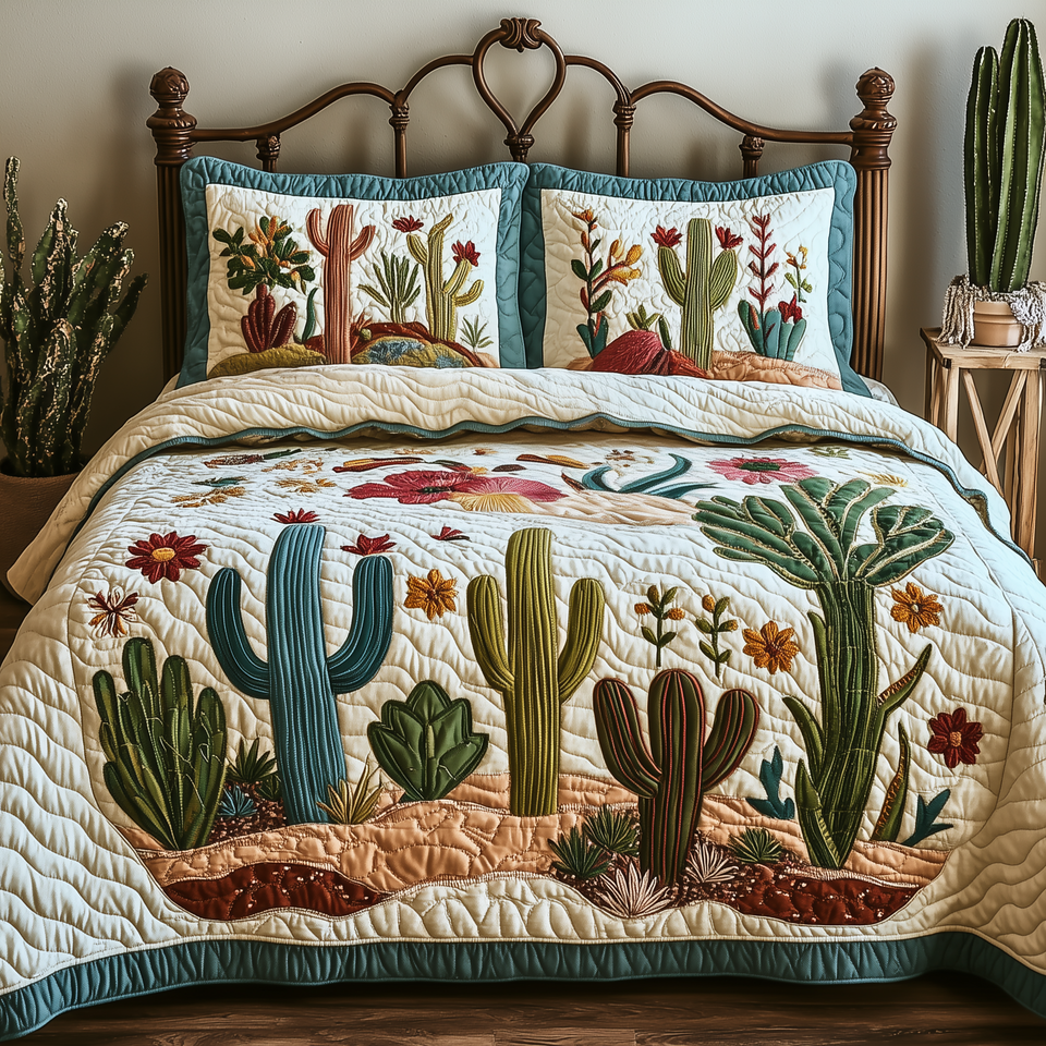 Desert Cactus Fiesta quilted bedding set, quilt and two pillow shams on a made bed