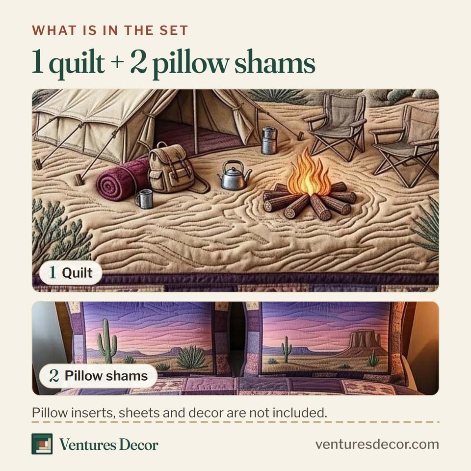 What is in the set: one quilt and two pillow shams, shown in the Desert Campfire design