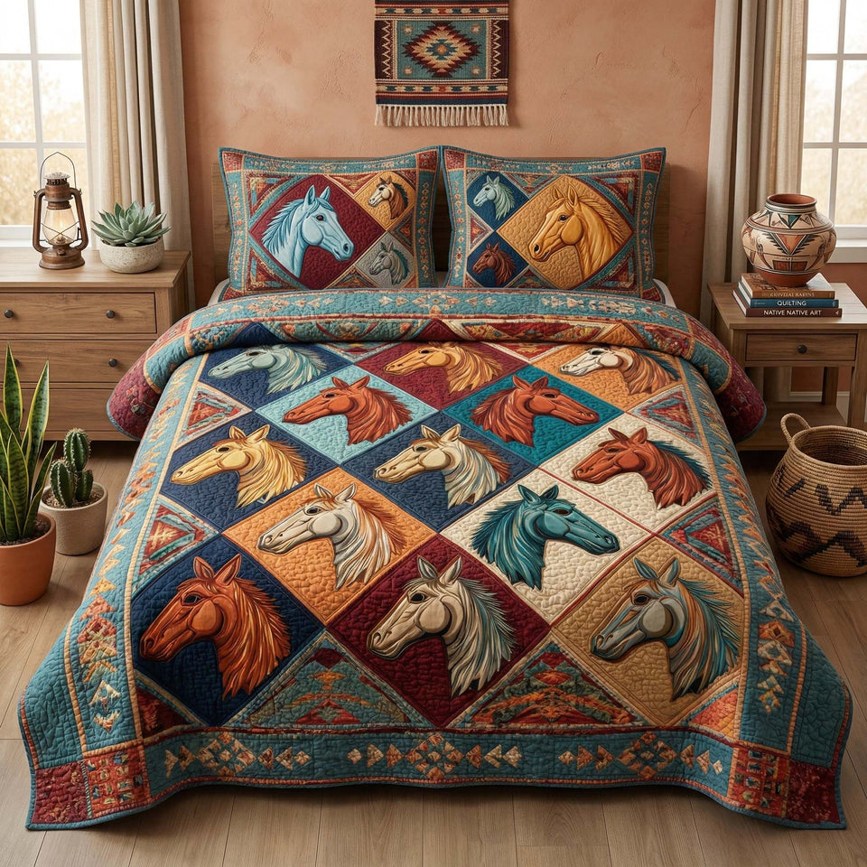 Desert Diamond quilted bedding set, quilt and two pillow shams on a made bed