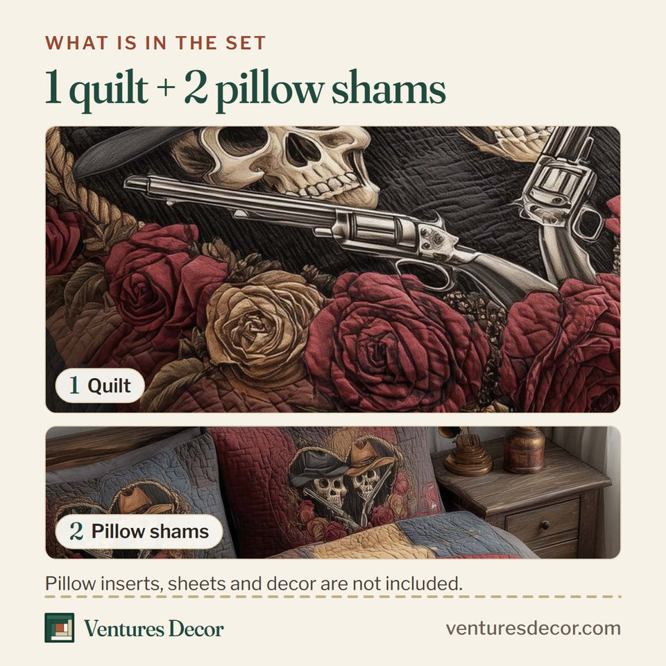 What is in the set: one quilt and two pillow shams, shown in the Desert Heart design