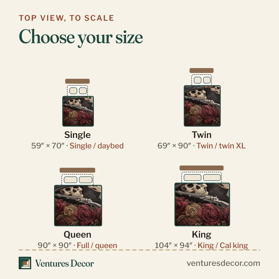 Size guide for the Desert Heart quilt, top view to scale: Single 59 x 70 in, Twin 69 x 90 in, Queen 90 x 90 in, King 104 x 94 in