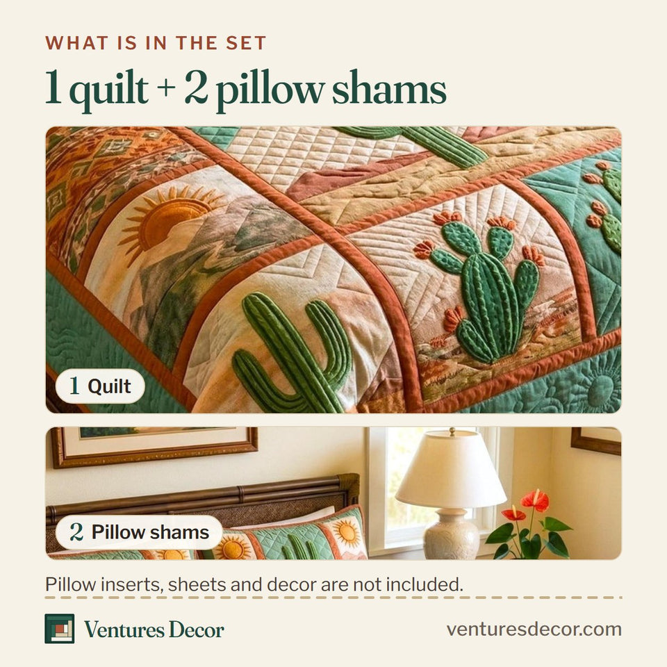 What is in the set: one quilt and two pillow shams, shown in the Desert Heritage design