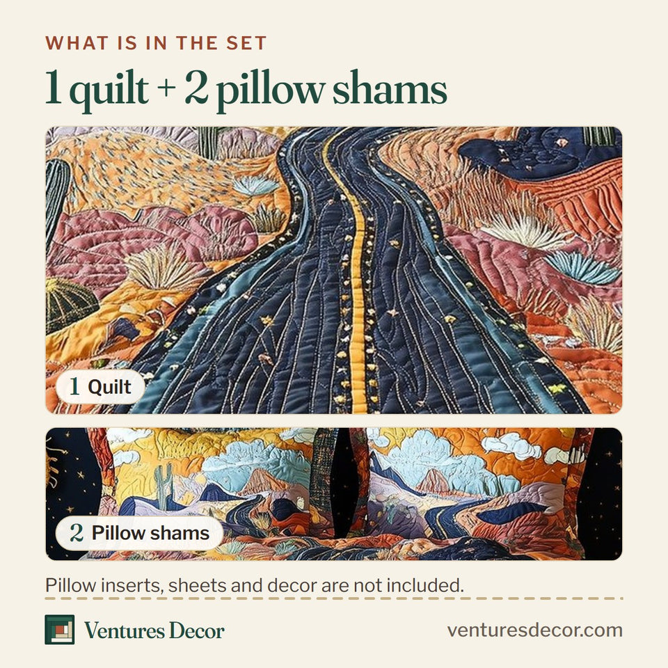 What is in the set: one quilt and two pillow shams, shown in the Desert Highway Night Lane Amber Cliffs design