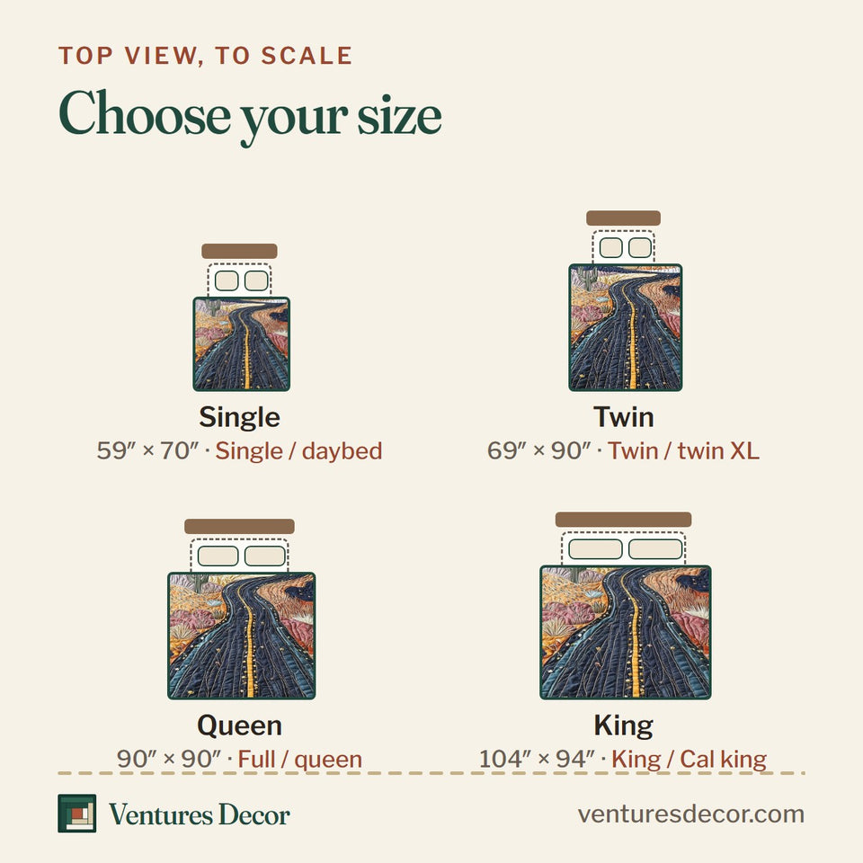 Size guide for the Desert Highway Night Lane Amber Cliffs quilt, top view to scale: Single 59 x 70 in, Twin 69 x 90 in, Queen 90 x 90 in, King 104 x 94 in
