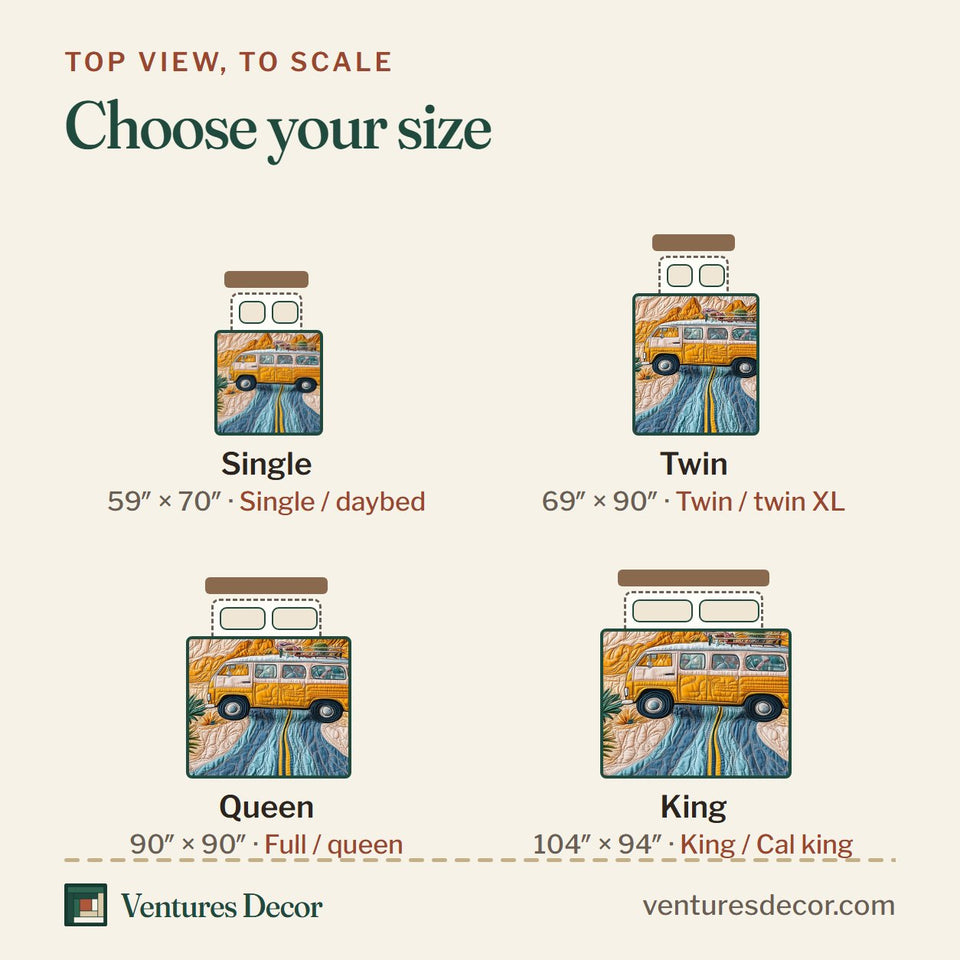 Size guide for the Desert Highway quilt, top view to scale: Single 59 x 70 in, Twin 69 x 90 in, Queen 90 x 90 in, King 104 x 94 in