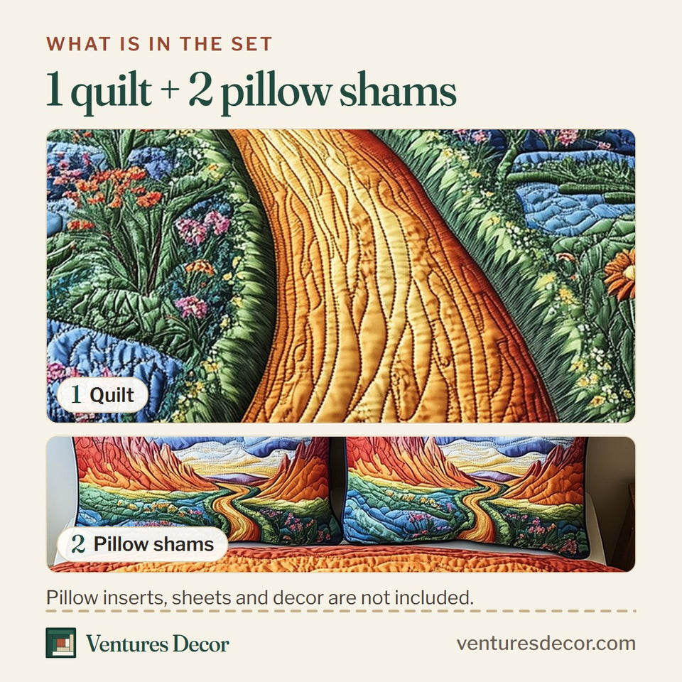 What is in the set: one quilt and two pillow shams, shown in the Desert Highway Sandy Path Red Rocks design