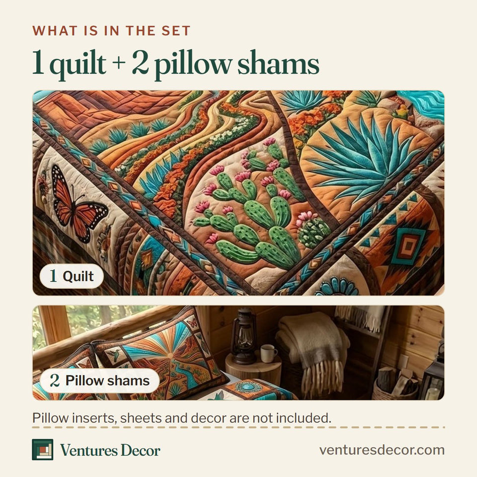 What is in the set: one quilt and two pillow shams, shown in the Desert Radiance design