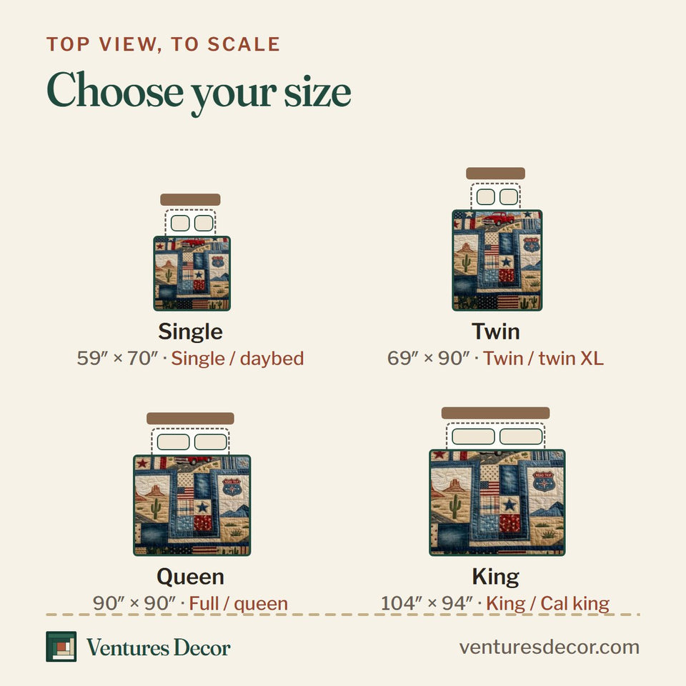 Size guide for the Desert Road Cross quilt, top view to scale: Single 59 x 70 in, Twin 69 x 90 in, Queen 90 x 90 in, King 104 x 94 in