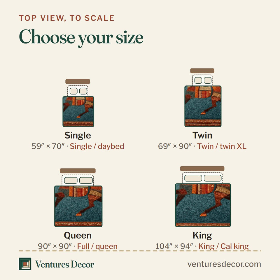 Size guide for the Desert Runner quilt, top view to scale: Single 59 x 70 in, Twin 69 x 90 in, Queen 90 x 90 in, King 104 x 94 in