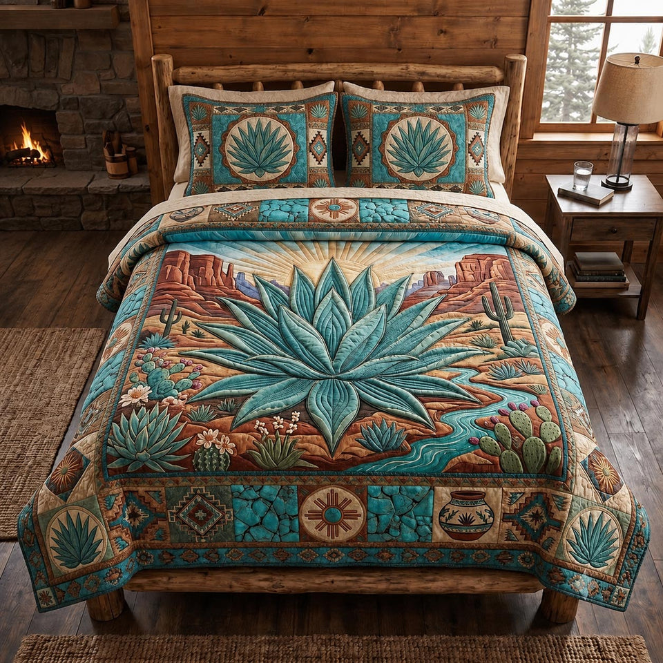 Desert Spirit Agave Under the Canyon quilted bedding set, quilt and two pillow shams on a made bed
