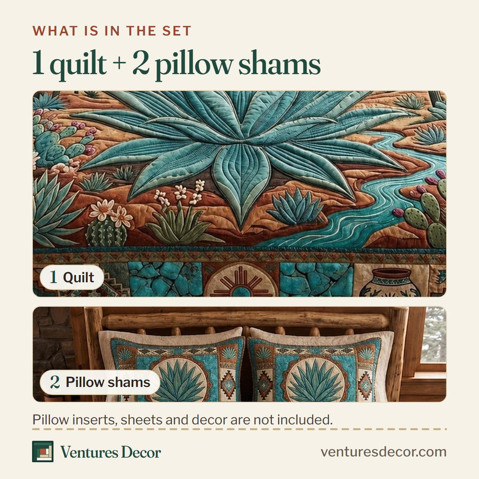 What is in the set: one quilt and two pillow shams, shown in the Desert Spirit Agave Under the Canyon design