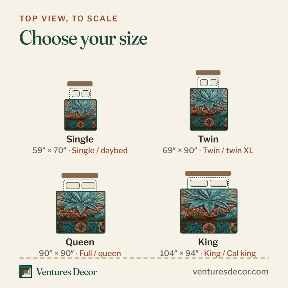 Size guide for the Desert Spirit Agave Under the Canyon quilt, top view to scale: Single 59 x 70 in, Twin 69 x 90 in, Queen 90 x 90 in, King 104 x 94 in