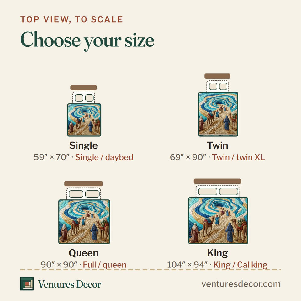 Size guide for the Desert Vortex quilt, top view to scale: Single 59 x 70 in, Twin 69 x 90 in, Queen 90 x 90 in, King 104 x 94 in