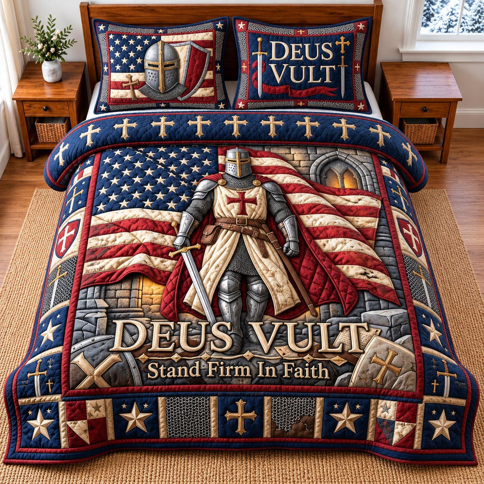 Deus Vult Faith quilted bedding set, quilt and two pillow shams on a made bed