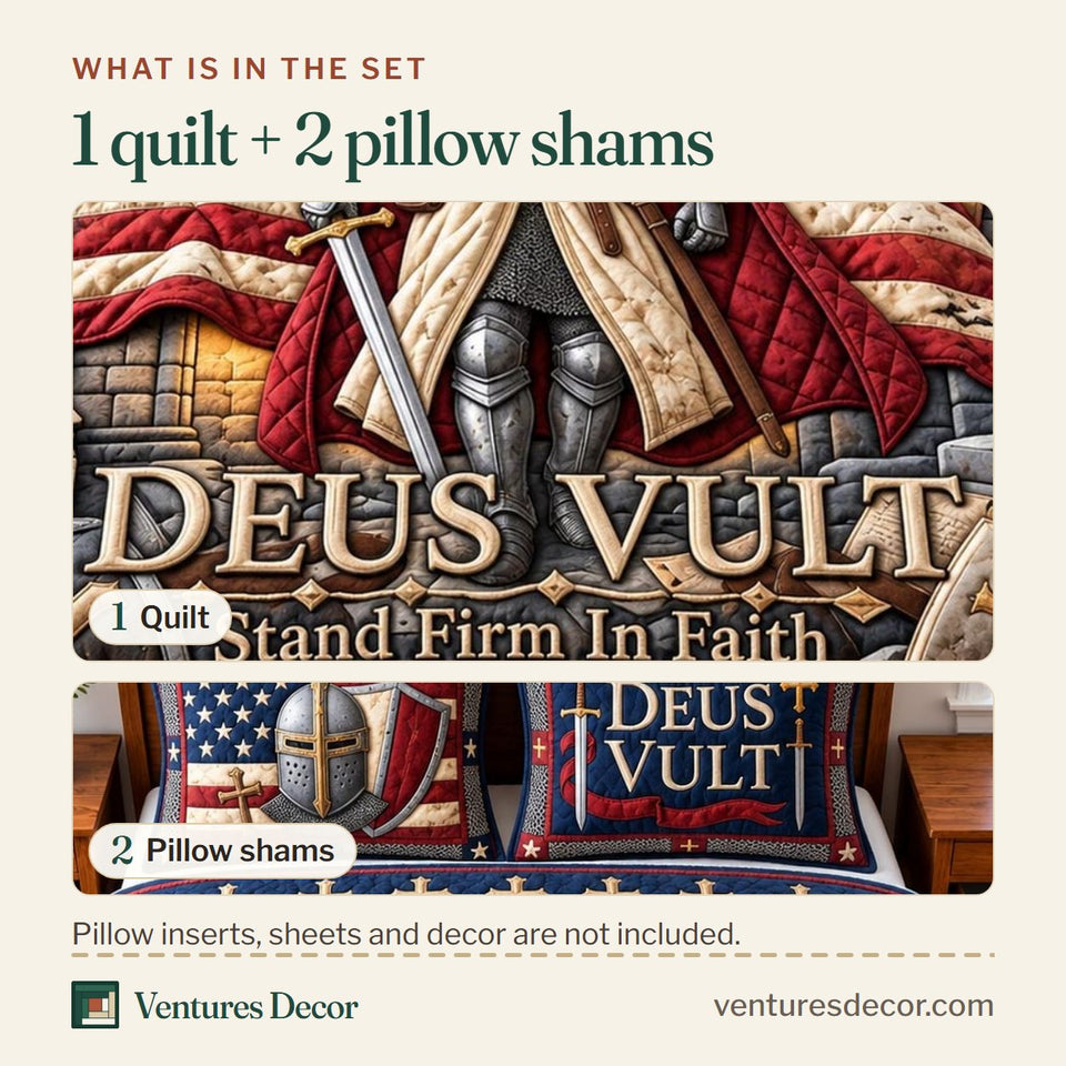 What is in the set: one quilt and two pillow shams, shown in the Deus Vult Faith design