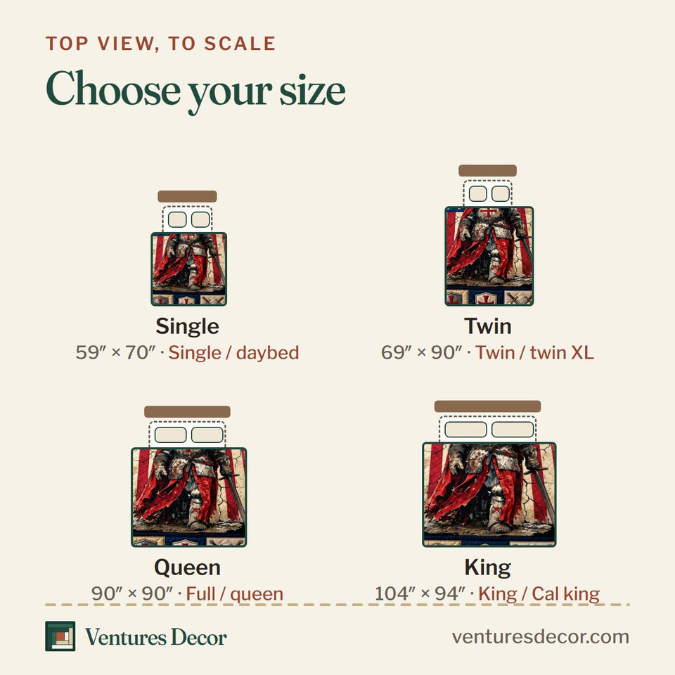 Size guide for the Deus Vult quilt, top view to scale: Single 59 x 70 in, Twin 69 x 90 in, Queen 90 x 90 in, King 104 x 94 in