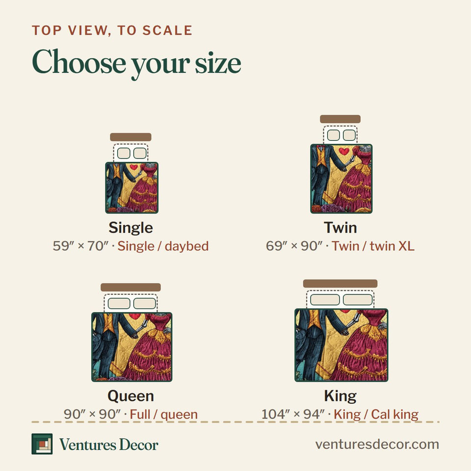 Size guide for the Dia de los Muertos Skeleton Couple In A Heart Of Roses quilt, top view to scale: Single 59 x 70 in, Twin 69 x 90 in, Queen 90 x 90 in, King 104 x 94 in