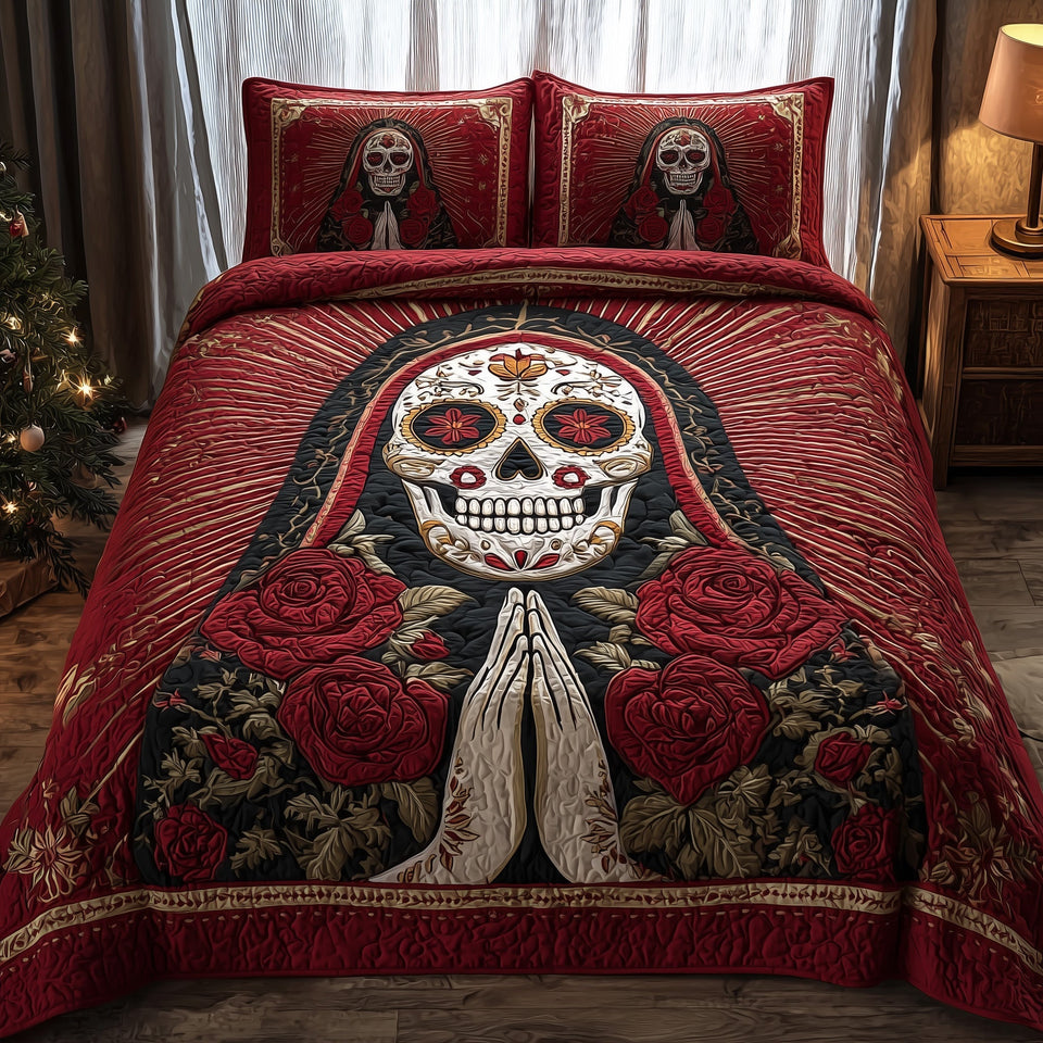 Dia de los Muertos Veiled Skull With Folded Hands quilted bedding set, quilt and two pillow shams on a made bed