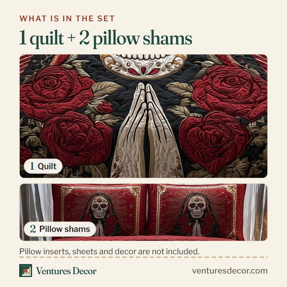 What is in the set: one quilt and two pillow shams, shown in the Dia de los Muertos Veiled Skull With Folded Hands design