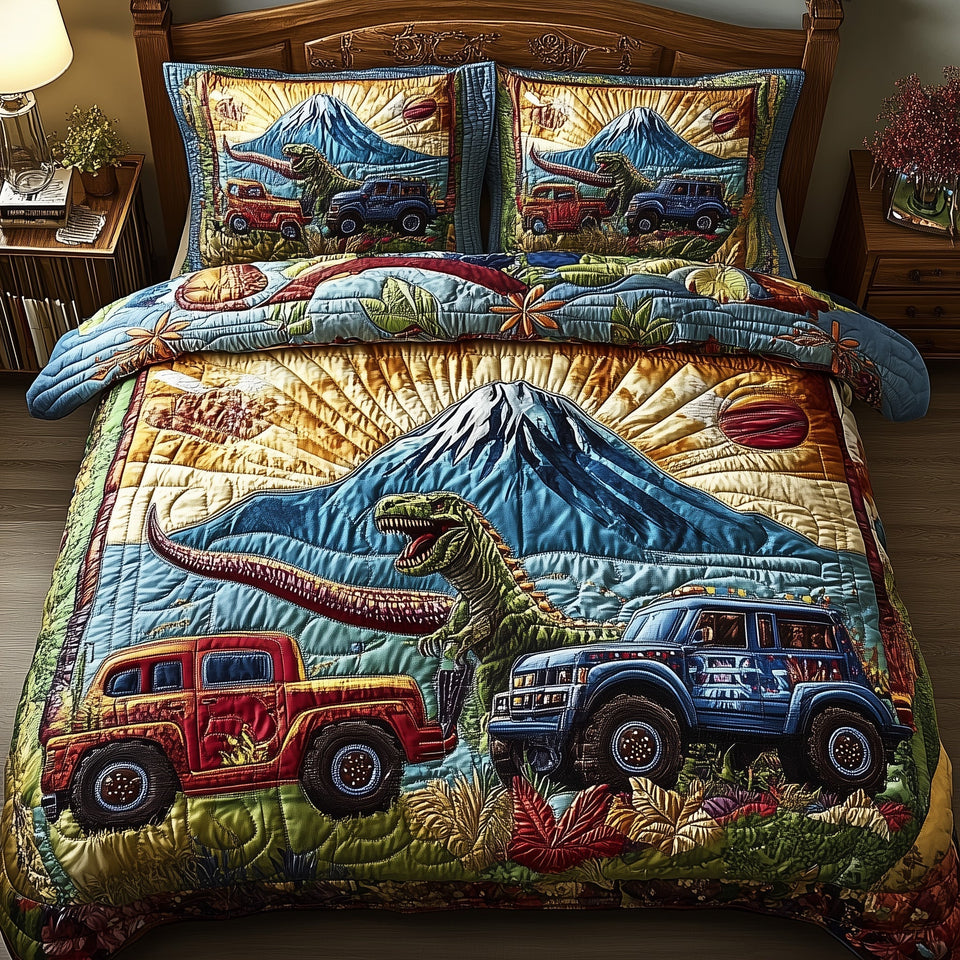 Dinosaur Big Truck Red And Blue Trucks At Sunrise quilted bedding set, quilt and two pillow shams on a made bed