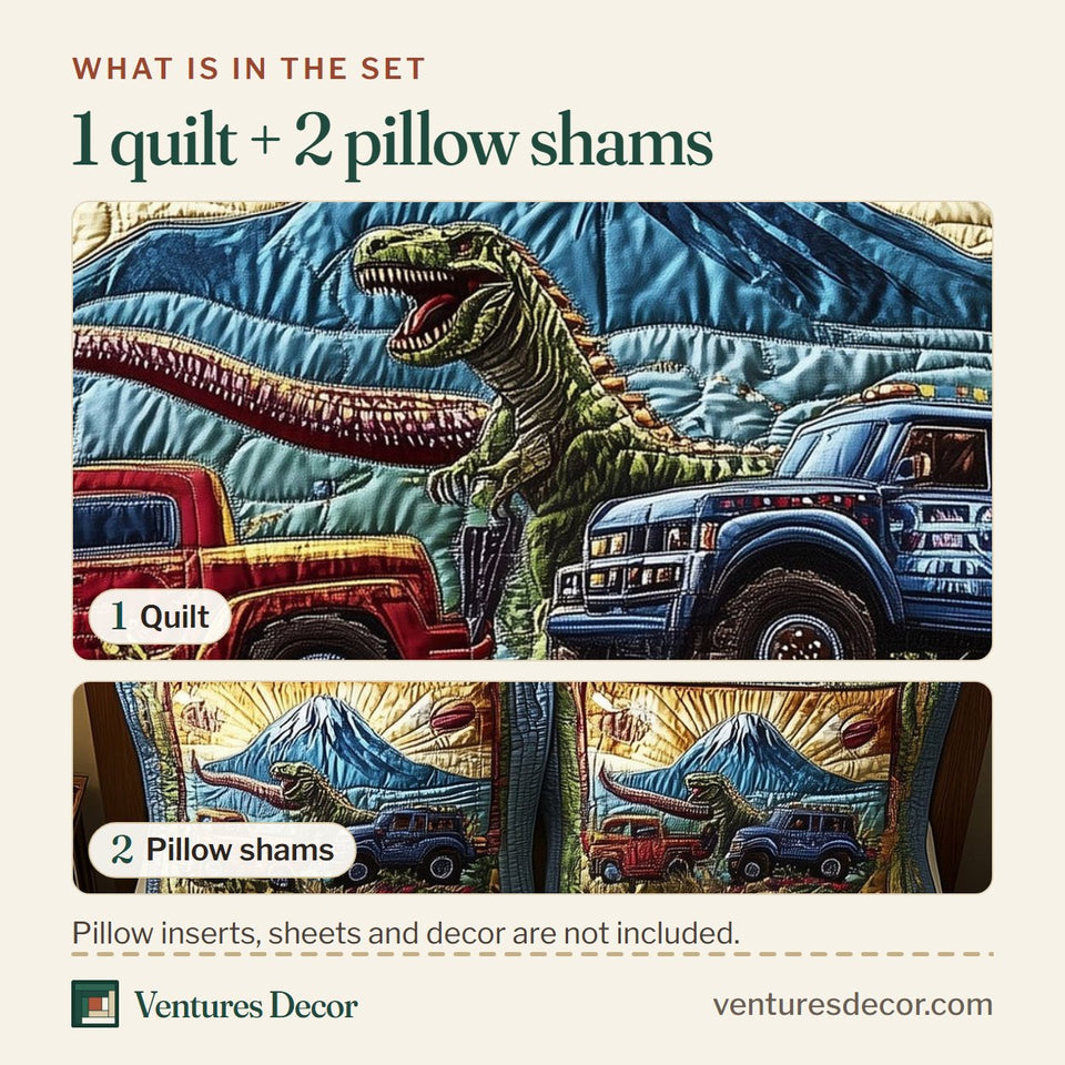 What is in the set: one quilt and two pillow shams, shown in the Dinosaur Big Truck Red And Blue Trucks At Sunrise design