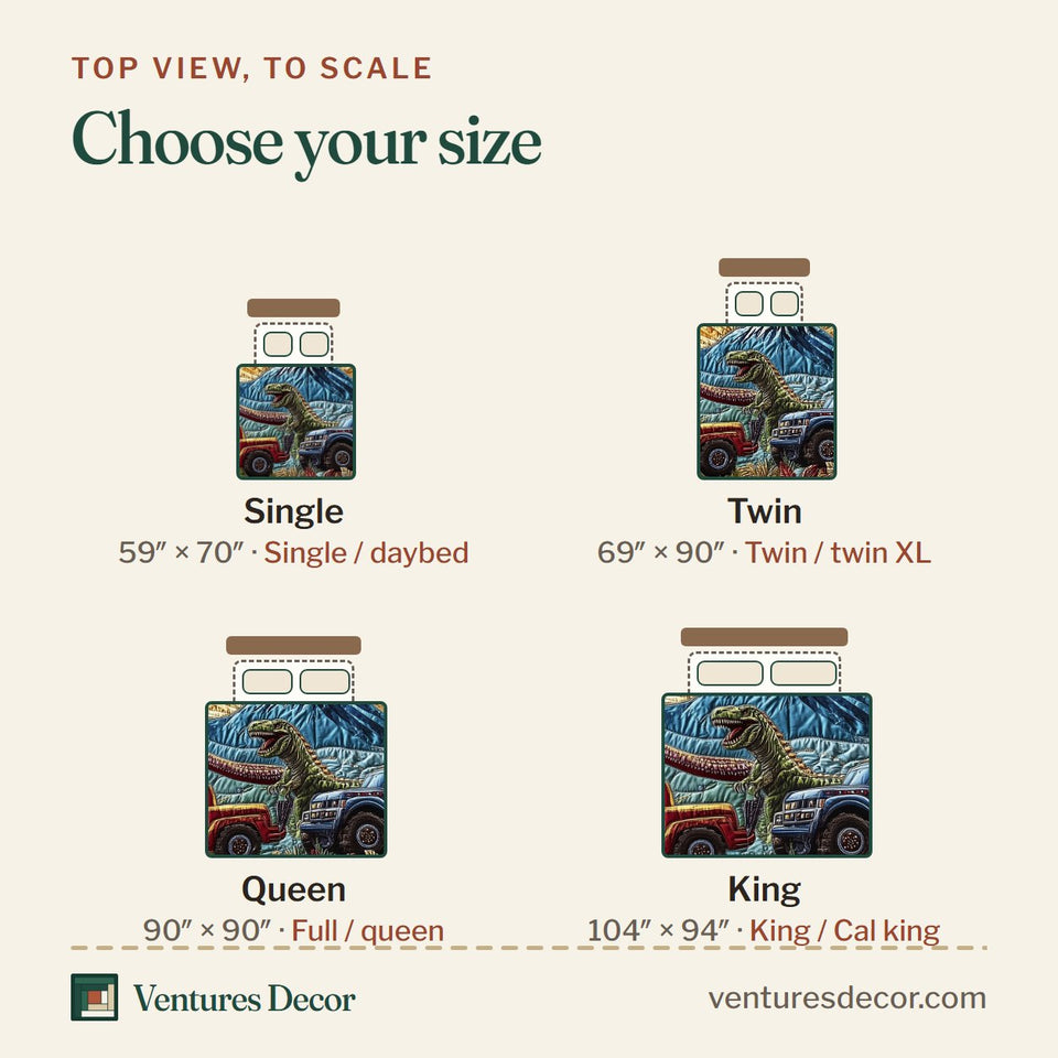 Size guide for the Dinosaur Big Truck Red And Blue Trucks At Sunrise quilt, top view to scale: Single 59 x 70 in, Twin 69 x 90 in, Queen 90 x 90 in, King 104 x 94 in