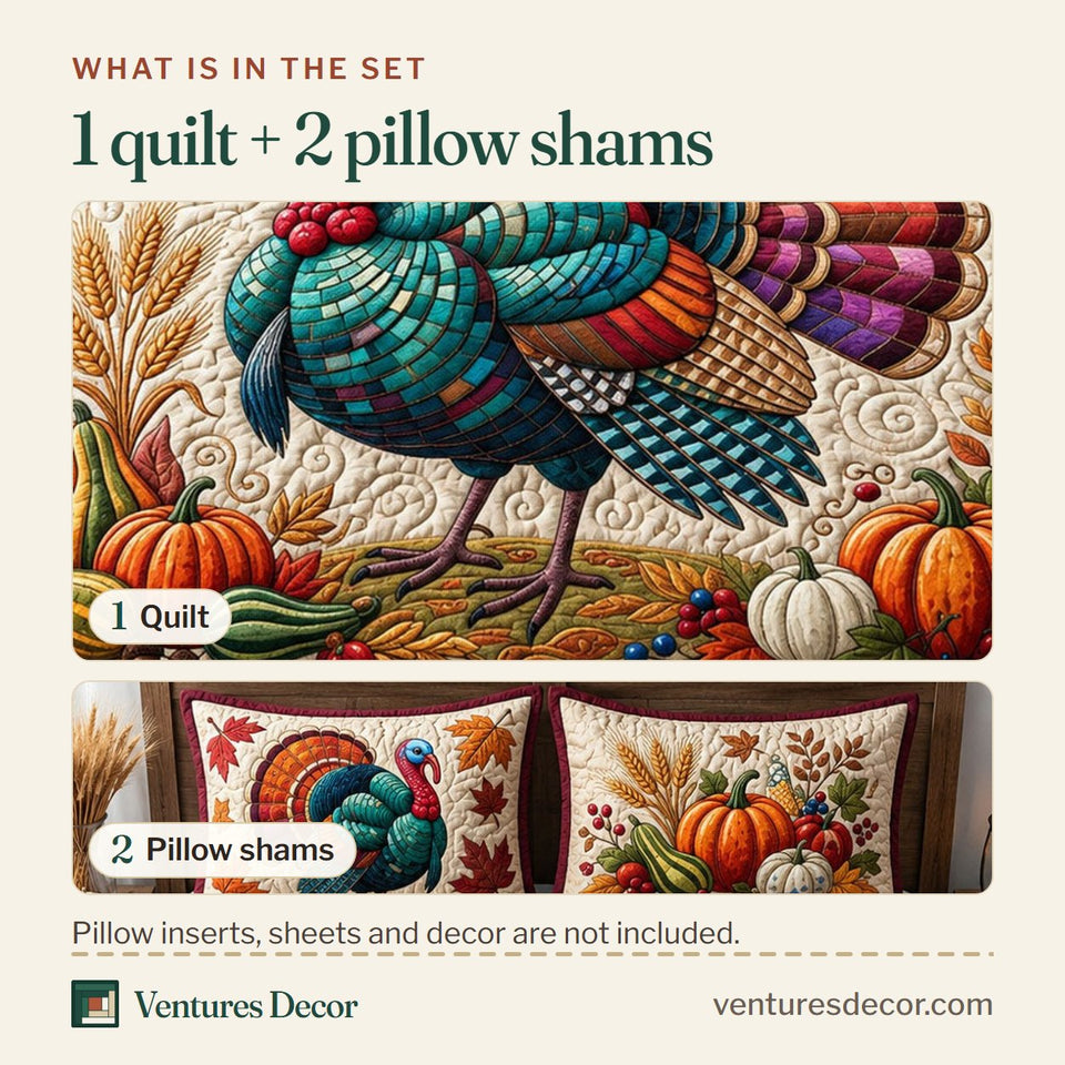 What is in the set: one quilt and two pillow shams, shown in the Disco Harvest Turkey design