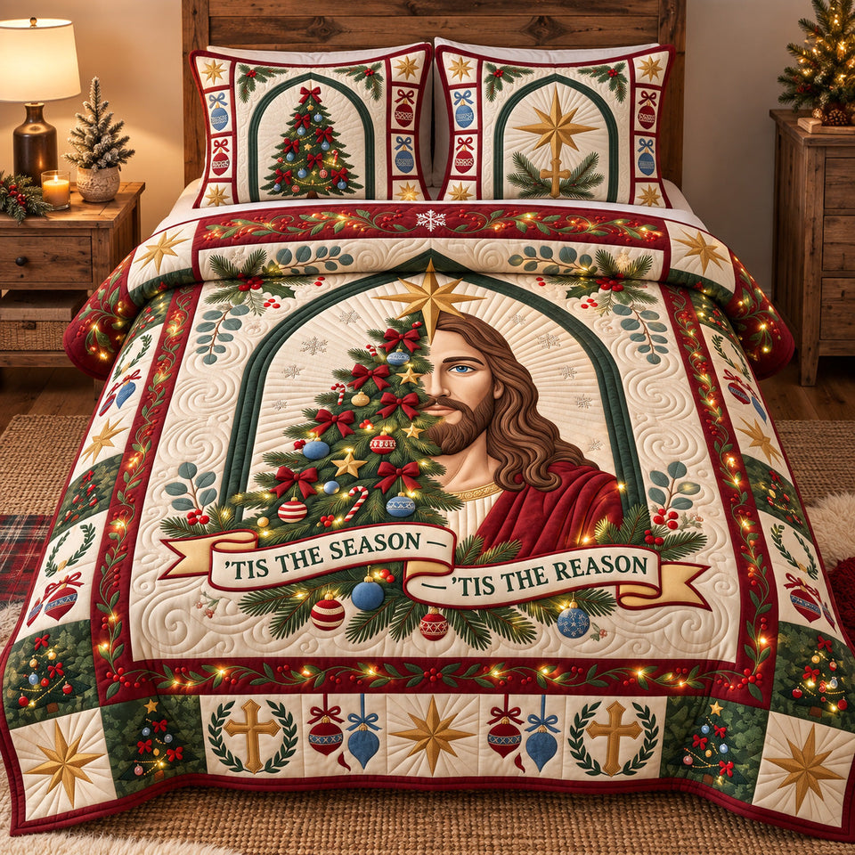 Divine Jesus Tree quilted bedding set, quilt and two pillow shams on a made bed
