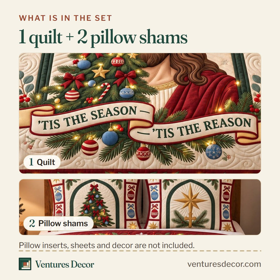 What is in the set: one quilt and two pillow shams, shown in the Christian Divine Jesus Tree Quilt Set, 3-Piece Quilted Bedding with 2 Pillow Shams design