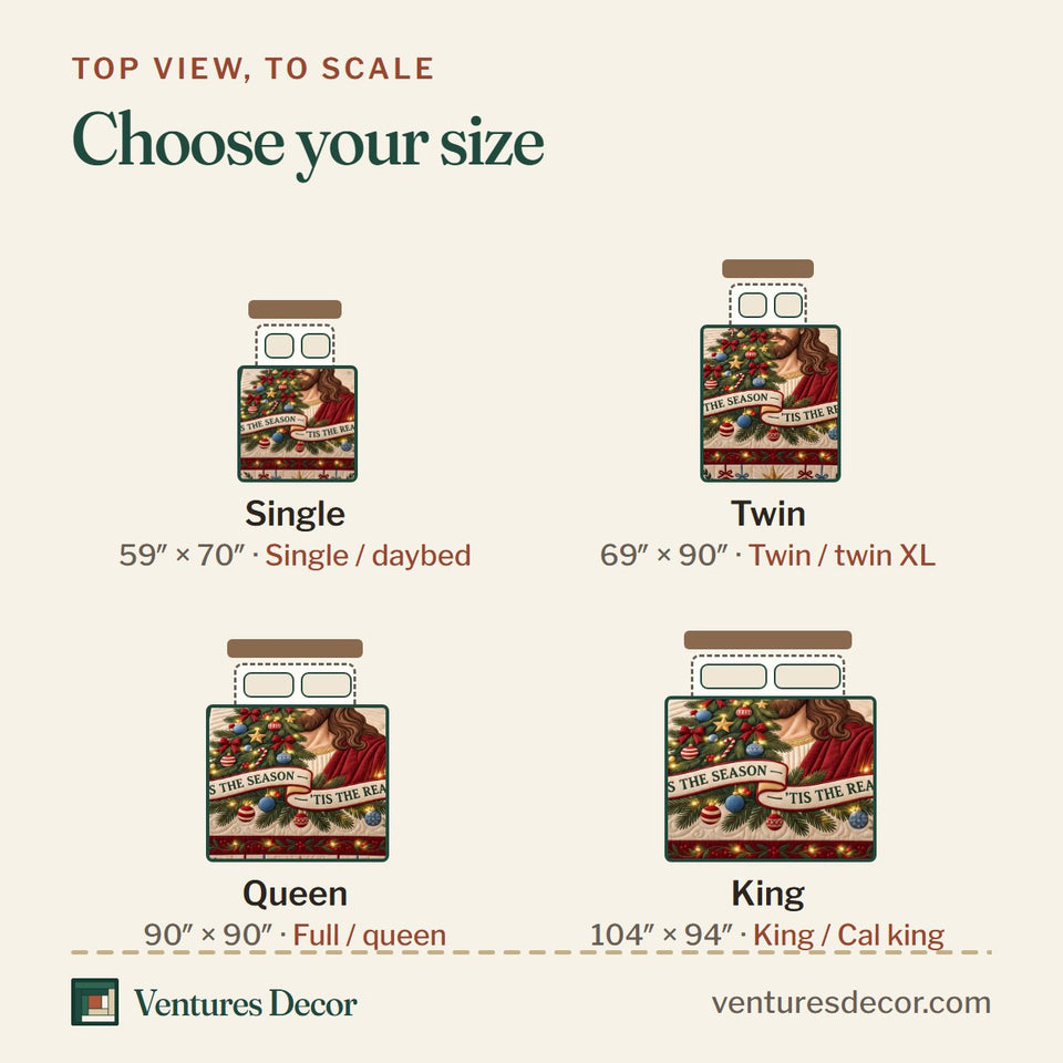Size guide for the Christian Divine Jesus Tree Quilt Set, 3-Piece Quilted Bedding with 2 Pillow Shams quilt, top view to scale: Single 59 x 70 in, Twin 69 x 90 in, Queen 90 x 90 in, King 104 x 94 in