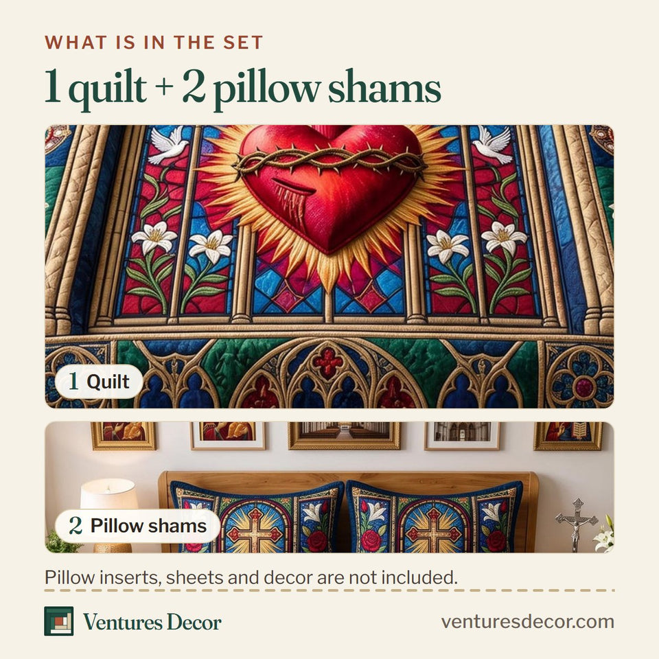 What is in the set: one quilt and two pillow shams, shown in the Divine Love design