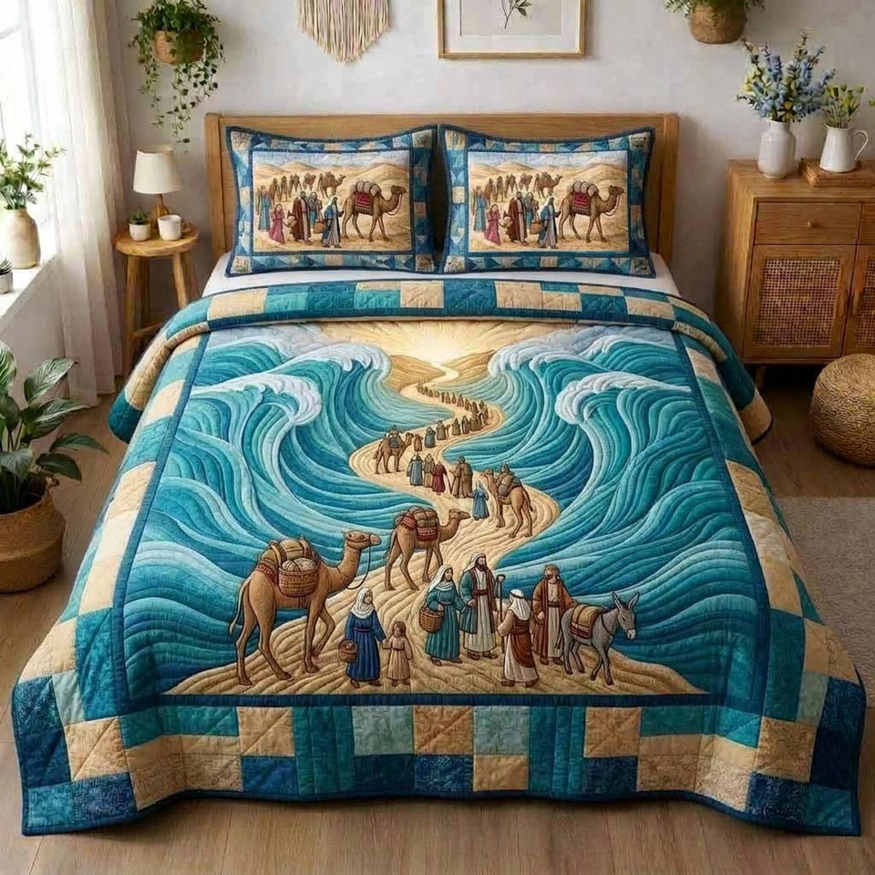Divine Passage Path quilted bedding set, quilt and two pillow shams on a made bed