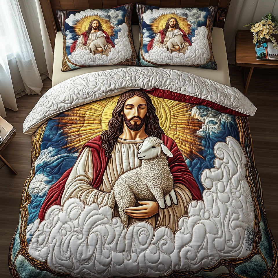 Divine Protection quilted bedding set, quilt and two pillow shams on a made bed
