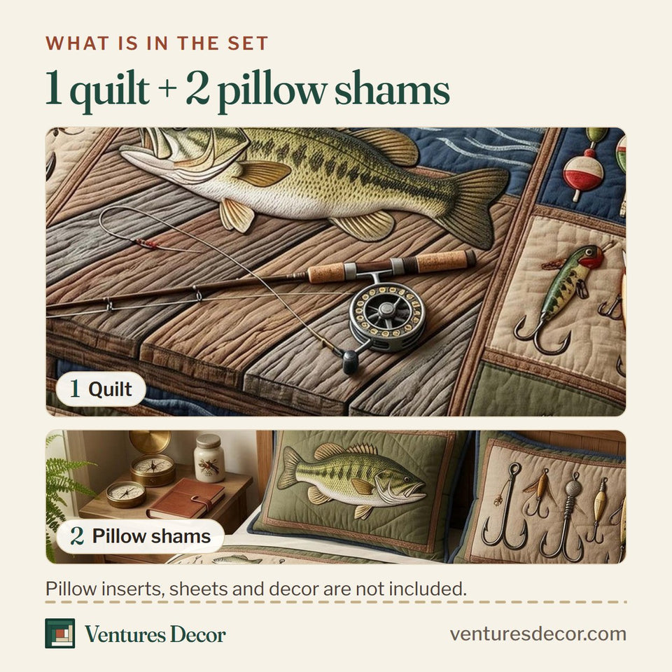 What is in the set: one quilt and two pillow shams, shown in the Dockside Bass design