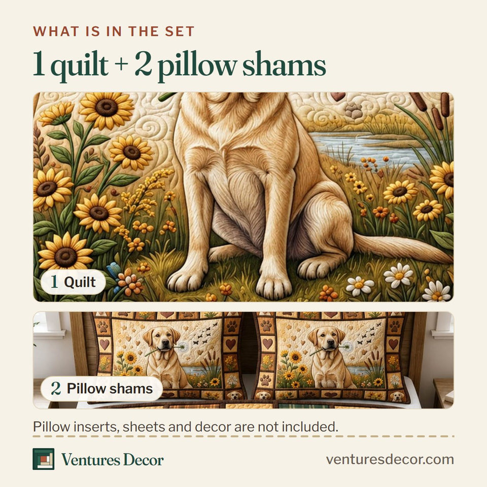 What is in the set: one quilt and two pillow shams, shown in the Dog Dad design