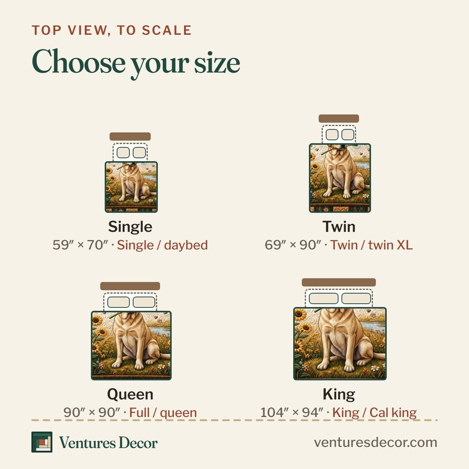 Size guide for the Dog Dad quilt, top view to scale: Single 59 x 70 in, Twin 69 x 90 in, Queen 90 x 90 in, King 104 x 94 in